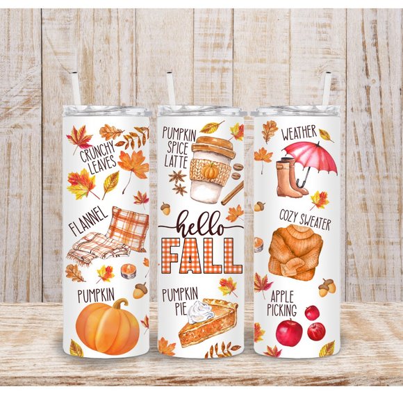 Hello Fall Tumbler, 20 oz Tumbler, Fall Pumpkin Flannel Leaves Pie - Picture 1 of 2